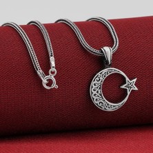 Takı925  Ay Yıldız Tasarımlı Desenli 925 Ayar Gümüş Kolye
