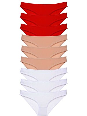Oresse 9 Adet Süper Eko Set Likralı Kadın Slip Külot Kırmızı Ten Beyaz