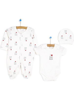 Hello Baby Yenidoğan Baby Mom&dad Kendinden Eldivenli Tulum-Body-Şapka 3lü Set