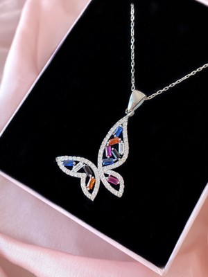 Alâ Silver Jewellery Renkli Taşlı Kelebek 925 Ayar Gümüş Kolye