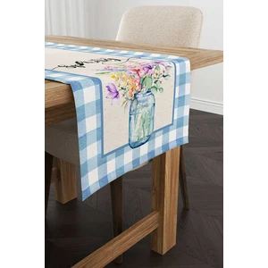 Cango Home Mavi Beyaz Kareli Bahar Temalı Çiçek Desenli Dijital Baskılı Runner CGH1090-RN