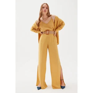 Yırtmaçlı Keten Pantolon - Sarı