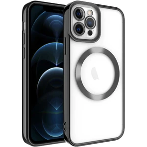 Case 4U iPhone 12 Pro Kılıf Magsafe Wireless Şarj Destekli Kamera Korumalı Şeffaf Kenarları Renkli Setro Kapak Siyah