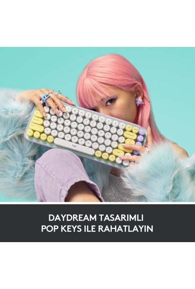 Logitech POP Keys Daydream Özelleştirilebilir Emoji Tuşlu Mekanik Kablosuz Klavye - Mint&Lila