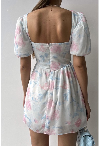 Garmoda Kalp Yaka Düğme Detaylı Şifon Elbise Mini Elbise Yeni Sezon Elbise Düğün Davet Balo Abiye