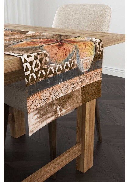 Kahverengi Turuncu Yaprak Desenli Dijital Baskılı Runner CGH1057-RN