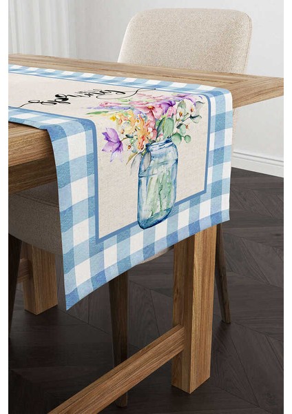 Mavi Beyaz Kareli Bahar Temalı Çiçek Desenli Dijital Baskılı Runner CGH1090-RN