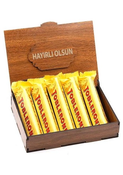 Nostaljik Lezzetler Sevdiklerinize Özel Ahşap  Kutusunda 5 Adet Toblerone ( Hayırlı Olsun Yazılı )