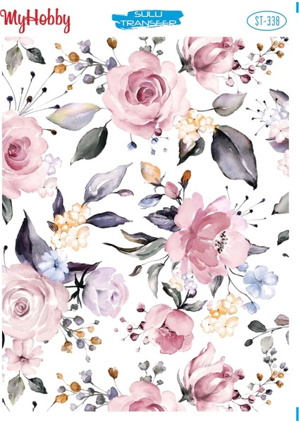 St 338 Suluboya Görünümlü Pembe Gül Desenli Sulu Transfer 25X35