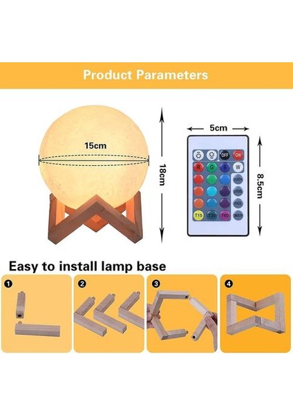 3D Ay Lambası 15 cm 16 Renkler USB Şarj Edilebilir Rgb (Yurt Dışından)