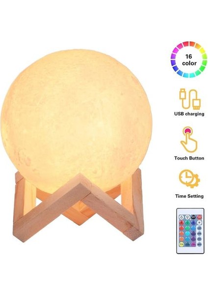 3D Ay Lambası 15 cm 16 Renkler USB Şarj Edilebilir Rgb (Yurt Dışından)