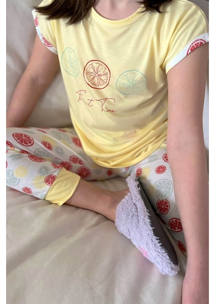 Pijama Evi Limon Baskılı Kısa Kollu Kız Çocuk Pijama Takımı