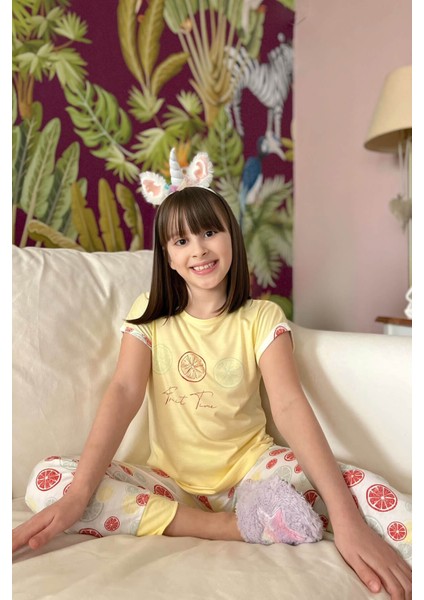 Pijama Evi Limon Baskılı Kısa Kollu Kız Çocuk Pijama Takımı