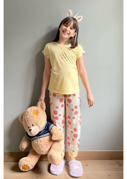 Pijama Evi Limon Baskılı Kısa Kollu Kız Çocuk Pijama Takımı