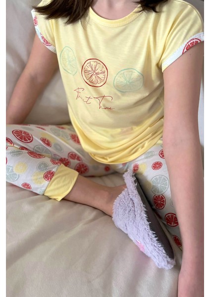 Limon Baskılı Kısa Kollu Kız Çocuk Pijama Takımı