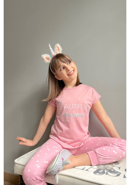 Pijama Evi Beautiful Dreamer Baskılı Kısa Kollu Kız Çocuk Pijama Takımı