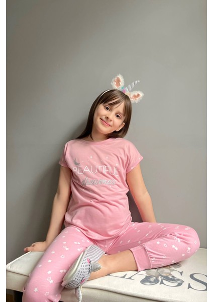 Pijama Evi Beautiful Dreamer Baskılı Kısa Kollu Kız Çocuk Pijama Takımı