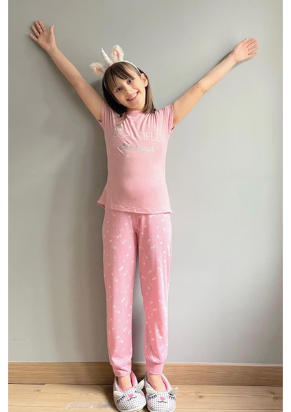 Pijama Evi Beautiful Dreamer Baskılı Kısa Kollu Kız Çocuk Pijama Takımı