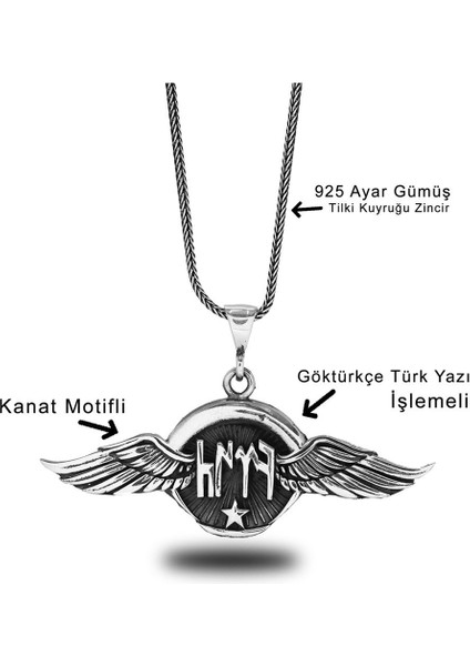 Göktürkçe Türk Yazılı Kanat Motifli 925 Ayar Gümüş Kolye