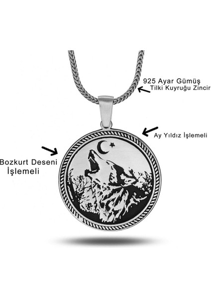 Ay Yıldız Bozkurt 925 Ayar Gümüş Kolye