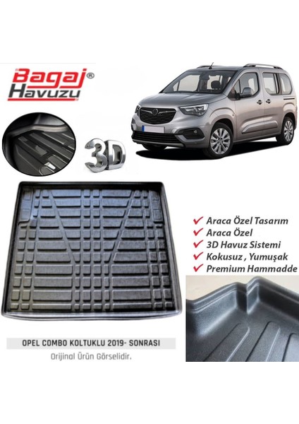 2022 Opel Combo Bagaj Havuzu Uyumlu 3D Model Kokusuz Kauçuk Siyah