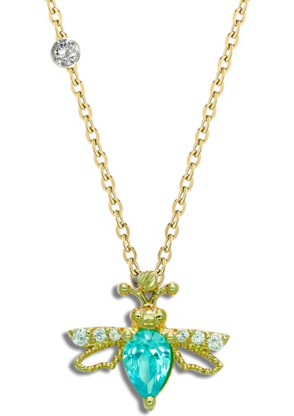 Pırlantalı 14 Ayar Arı Aquamarine Rengi Kolye