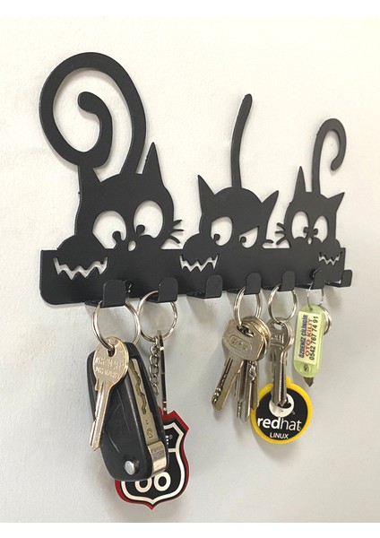 Kediler Temalı Metal, Dekoratif Duvar Tipi Anahtar Askısı