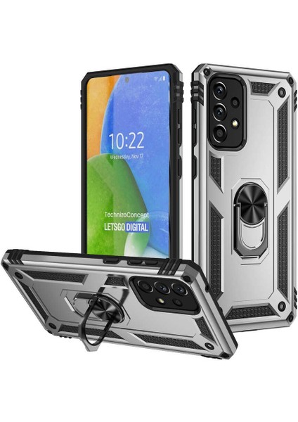 Samsung Galaxy A73 Uyumlu Kılıf Çift Katmanlı Yüzüklü Manyetik Vega Kapak Gümüş