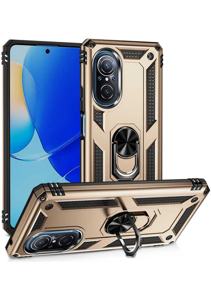 Case 4U Huawei Nova 9 SE Kılıf Çift Katmanlı Yüzüklü Manyetik Vega Kapak Altın