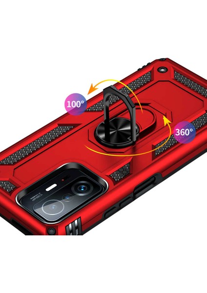 Case 4U Xiaomi Mi 11T 5g Kılıf Çift Katmanlı Yüzüklü Manyetik Vega Kapak Kırmızı