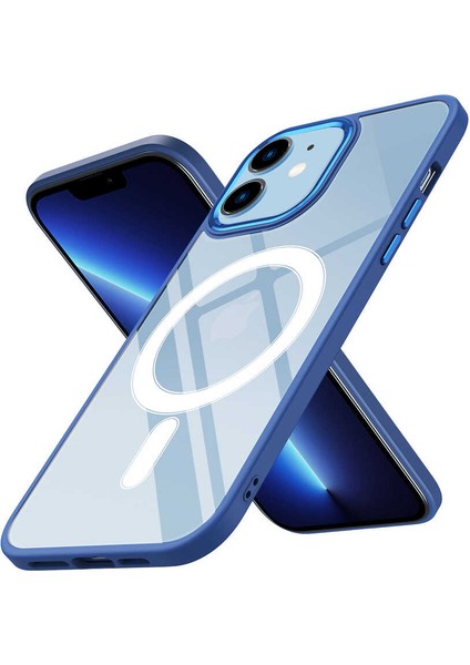 - Apple iPhone 12 - Kılıf Wireless Şarj Özellikli Krom Magsafe Silikon Kapak - Lacivert