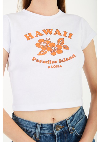 Hawaii - %100 Pamuk Beyaz Baskı Detaylı Tişört | 160567-1 modelleri