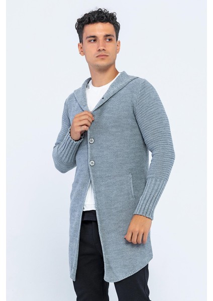 Kapüşonlu Düğmeli Uzun Erkek Triko Hırka