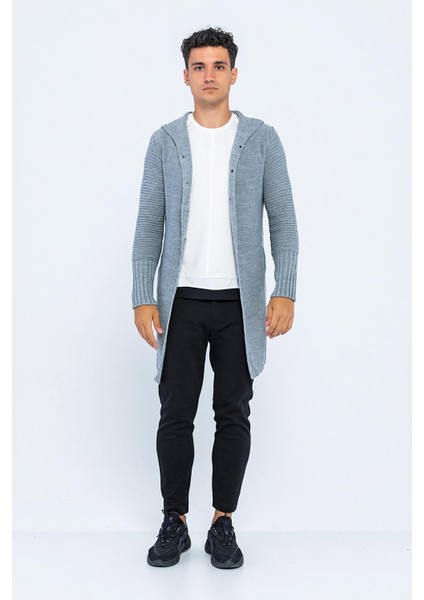 Kapüşonlu Düğmeli Uzun Erkek Triko Hırka modelleri