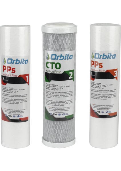 10'' 5 Mikron Cto 1 Mikron Üçlü Açık Kasa Arıtma Filtre Seti