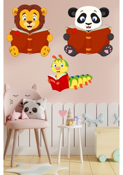 Kitap Okuyan Sevimli Hayvanlar Sticker Aslan Panda ve Kırkayak Anaokulu Çocuk Bebek Odası