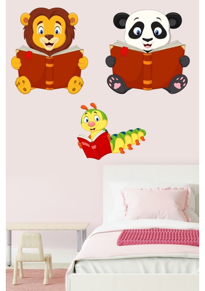 Kitap Okuyan Sevimli Hayvanlar Sticker Aslan Panda ve Kırkayak Anaokulu Çocuk Bebek Odası modelleri