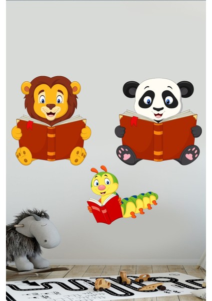 Kitap Okuyan Sevimli Hayvanlar Sticker Aslan Panda ve Kırkayak Anaokulu Çocuk Bebek Odası fırsatları