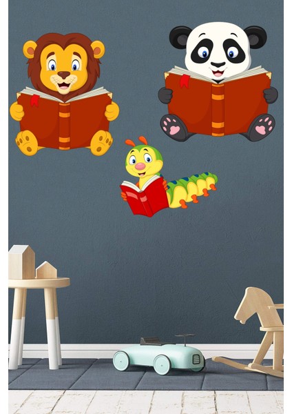 Kitap Okuyan Sevimli Hayvanlar Sticker Aslan Panda ve Kırkayak Anaokulu Çocuk Bebek Odası indirimleri