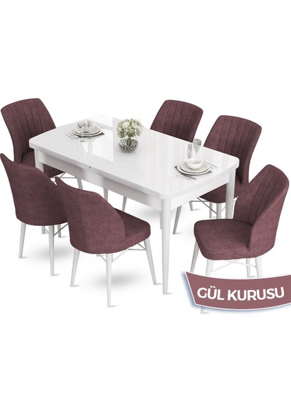 Concept Aya Serisi 80 x 132 cm Açılabilir Beyaz Mutfak Masa Takımı 6 Sandalye