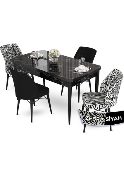 Concept Aya Serisi 80 x 132 cm Açılabilir Siyah Mermer Desen Mutfak Masa Takımı 4 Sandalye