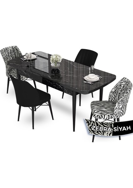 Concept Aya Serisi 80 x 132 cm Açılabilir Siyah Mermer Desen Mutfak Masa Takımı 4 Sandalye