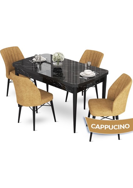 Concept Aya Serisi 80 x 132 cm Açılabilir Siyah Mermer Desen Mutfak Masa Takımı 4 Sandalye