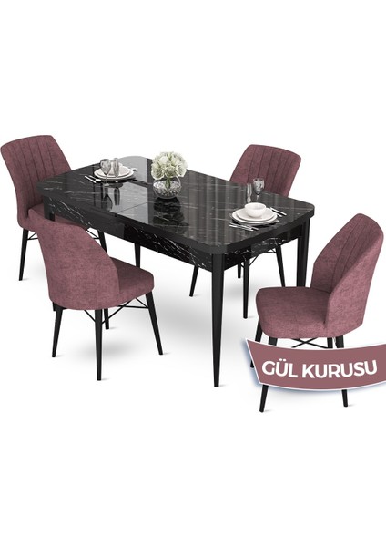 Concept Aya Serisi 80 x 132 cm Açılabilir Siyah Mermer Desen Mutfak Masa Takımı 4 Sandalye