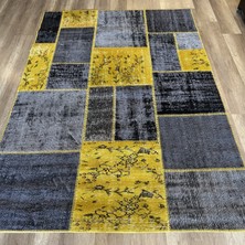 Hoom Rugs Kırkyama Gri & Sarı El Dokuma  Desenli Halı - Eskitme Detaylı Halı