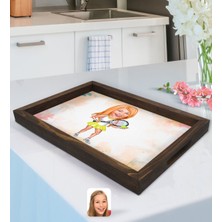 Kişiye Özel Kadin Tenis Oyuncusu Karikatürlü Doğal Ahşap Tepsi-2