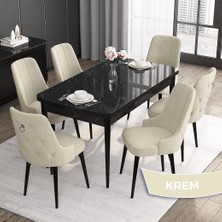 Canisa Concept Noa Serisi,80 x 132 cm Açılabilir Mdf Masa Takımı,siyah Mermer Desen Masa 6 Sandalye Gümüş Halkalı