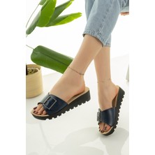 Moda Fırsat Lacivert Kadın Dolgu Topuk Terlik Şık Rahat Deniz Plaj Çeyiz Bohça Terliği