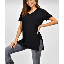 Rengamoda Viskon Kumaş Yırtmaçlı V Yaka Bluz (Siyah)