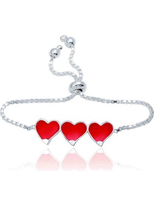 925 Gümüş Gümüş Kırmızı Üç Kalp Çocuk Bileklik
